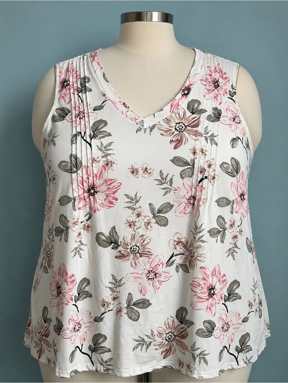 V-Neck Pink Floral Sleeveless Tank Top